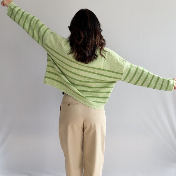 Women’s Light Green Striped Soft Knit Button Cardigan - Picture 4 of 11